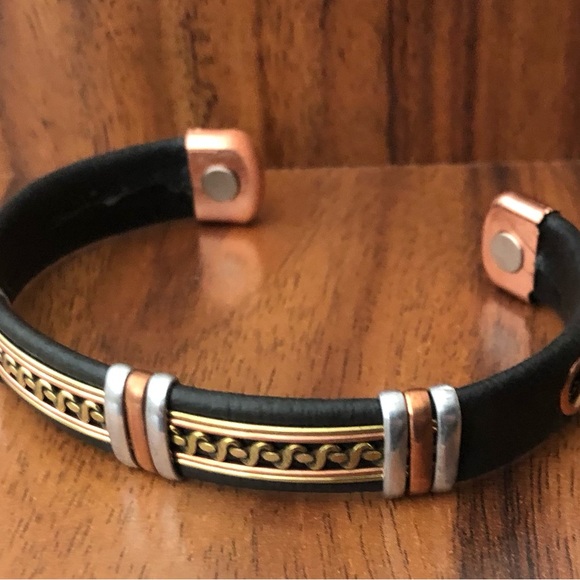 Two Tone Leather Wrapped Pure Copper Magnetic Bracelet Energy Cuff Bangle - Picture 3 of 6